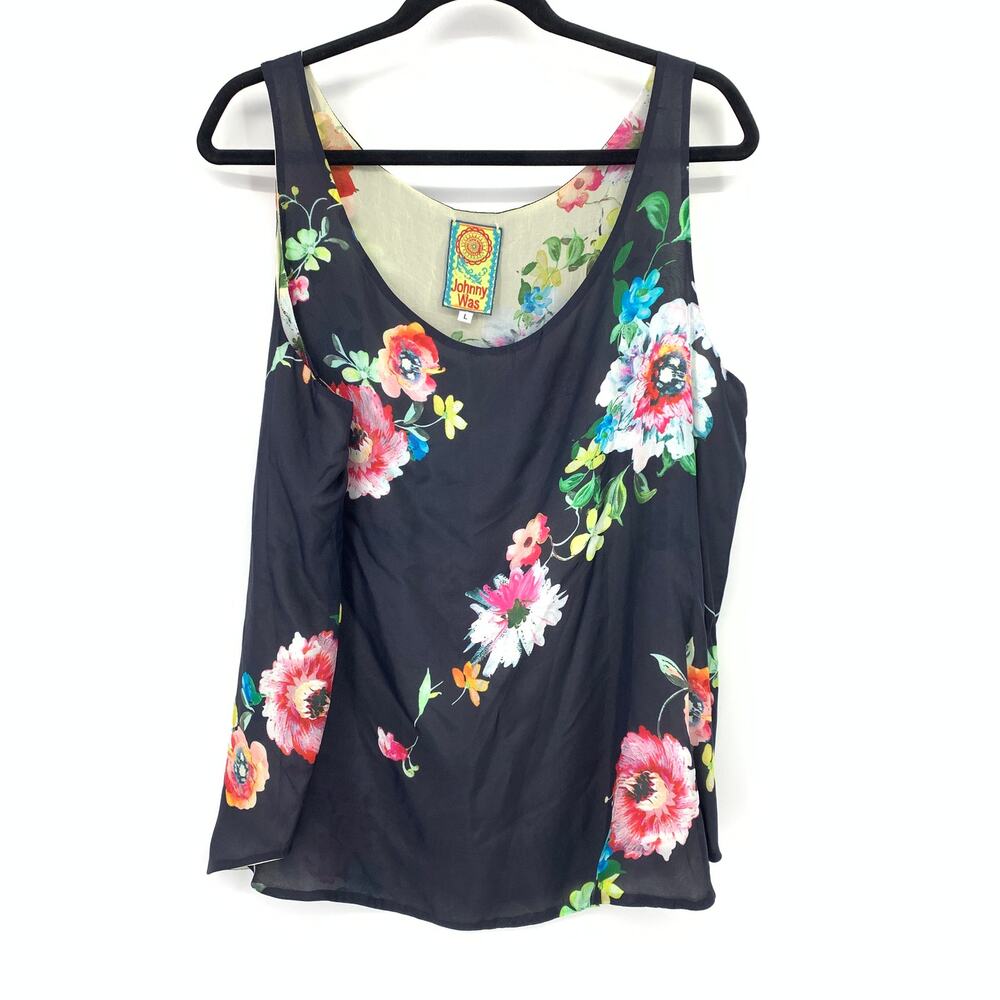 Johnny Was Silk Tank Womens L Black Multicolor Floral Print Sleeveless Blouse